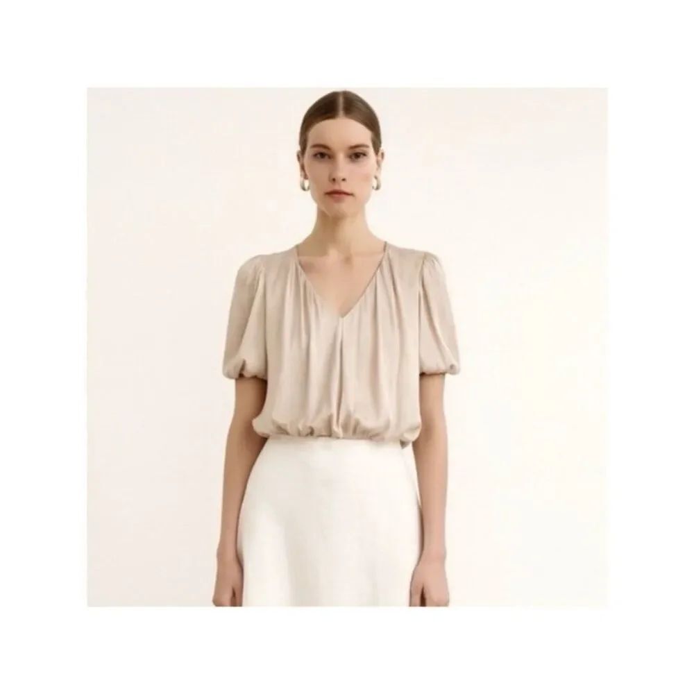 astr Champagne Pearl Light Beige Satin crop short sleeve v neck top Small